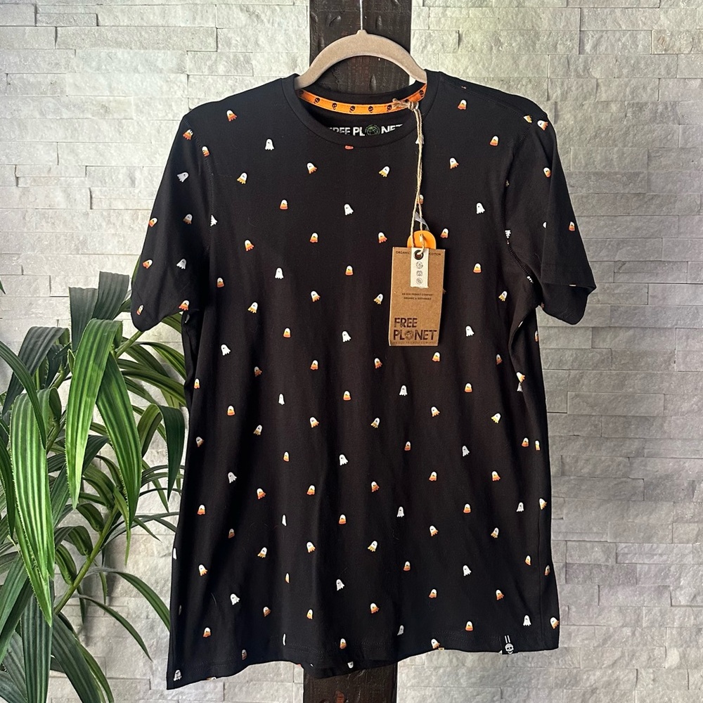 Free Planet Black Candy Corn Ghost Halloween Organic Cotton Tee Size M New Tags
